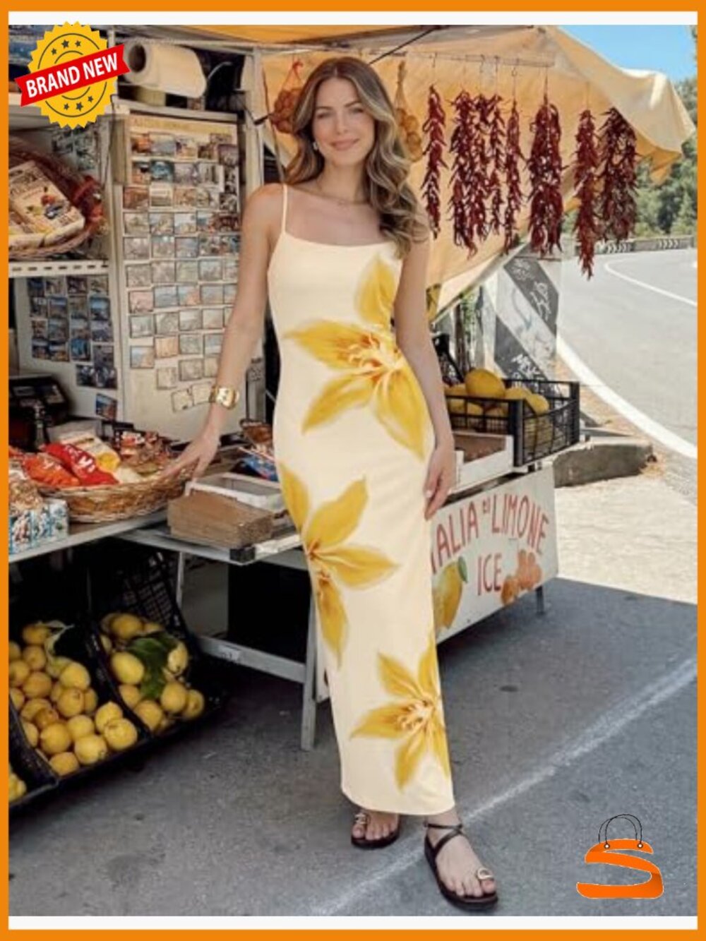 Women's Bodycon Maxi Dress Floral Spaghetti Strap Sleeveless Square Neck - Picture 3 of 7